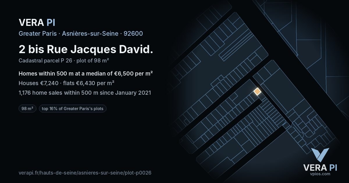 2 bis Rue Jacques David, Asnières-sur-Seine at night – the plot lit, the parcels around coloured by the prices near them