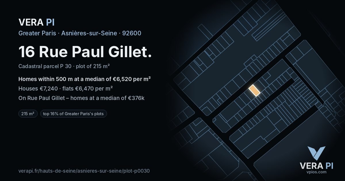 16 Rue Paul Gillet, Asnières-sur-Seine at night – the plot lit, the parcels around coloured by the prices near them