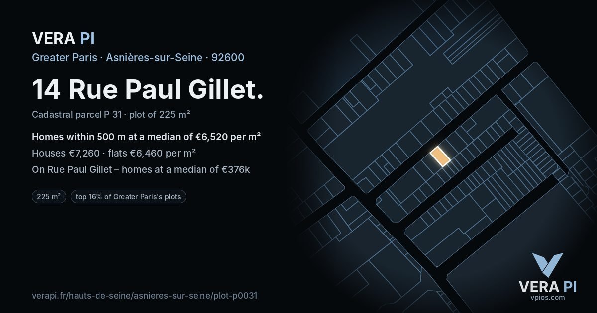 14 Rue Paul Gillet, Asnières-sur-Seine at night – the plot lit, the parcels around coloured by the prices near them
