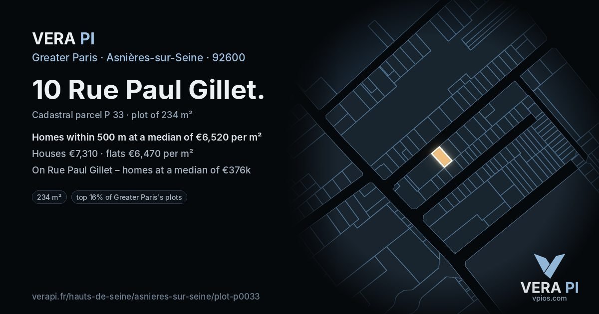 10 Rue Paul Gillet, Asnières-sur-Seine at night – the plot lit, the parcels around coloured by the prices near them