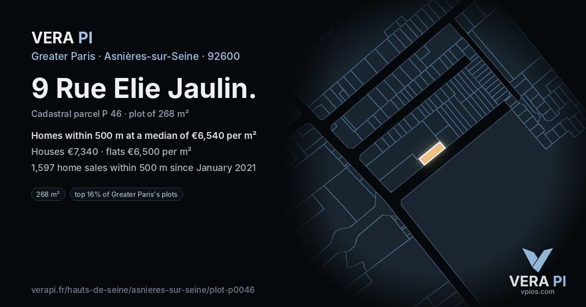 9 Rue Elie Jaulin, Asnières-sur-Seine at night – the plot lit, the parcels around coloured by the prices near them