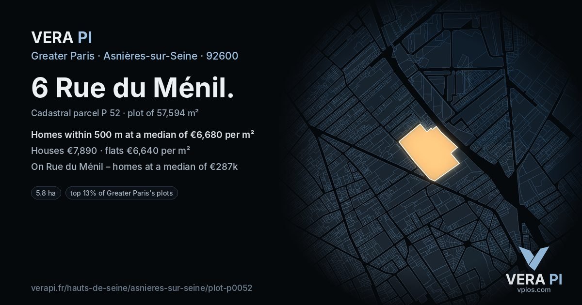 6 Rue du Ménil, Asnières-sur-Seine at night – the plot lit, the parcels around coloured by the prices near them