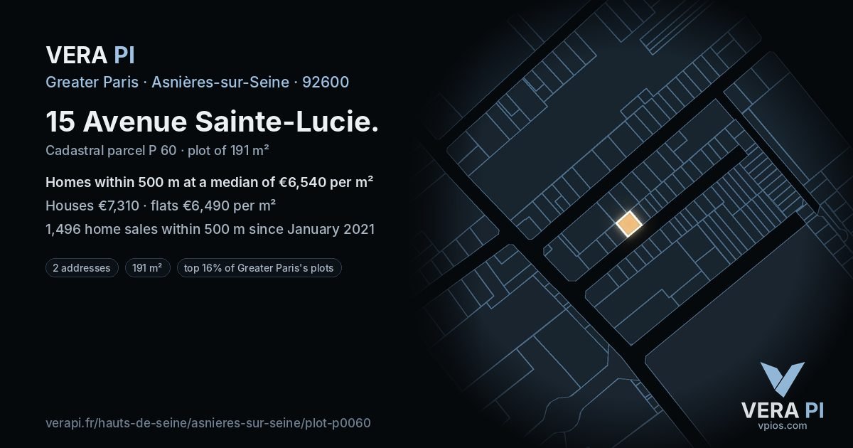 15 Avenue Sainte-Lucie, Asnières-sur-Seine at night – the plot lit, the parcels around coloured by the prices near them