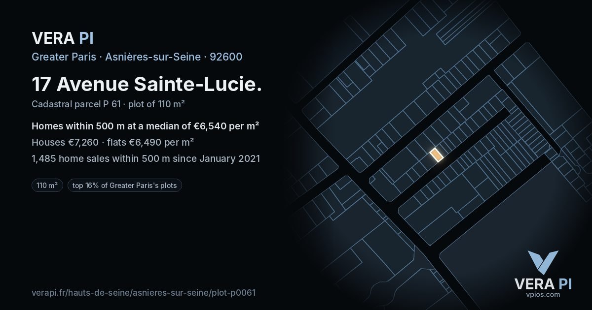 17 Avenue Sainte-Lucie, Asnières-sur-Seine at night – the plot lit, the parcels around coloured by the prices near them