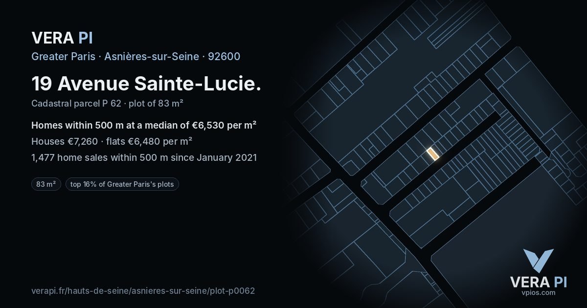 19 Avenue Sainte-Lucie, Asnières-sur-Seine at night – the plot lit, the parcels around coloured by the prices near them