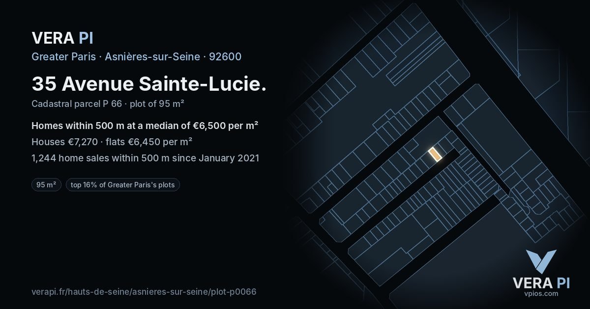 35 Avenue Sainte-Lucie, Asnières-sur-Seine at night – the plot lit, the parcels around coloured by the prices near them