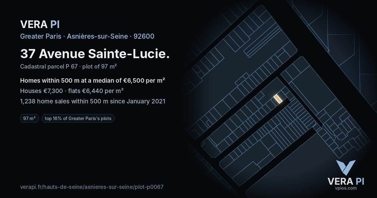 37 Avenue Sainte-Lucie, Asnières-sur-Seine at night – the plot lit, the parcels around coloured by the prices near them