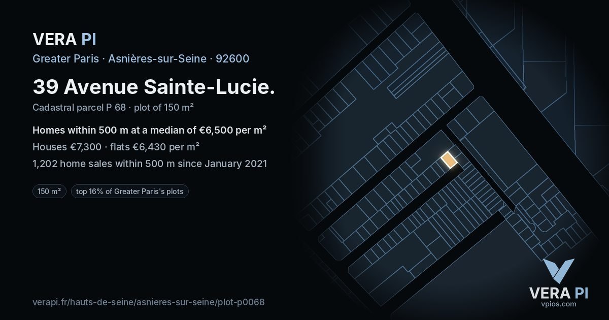39 Avenue Sainte-Lucie, Asnières-sur-Seine at night – the plot lit, the parcels around coloured by the prices near them