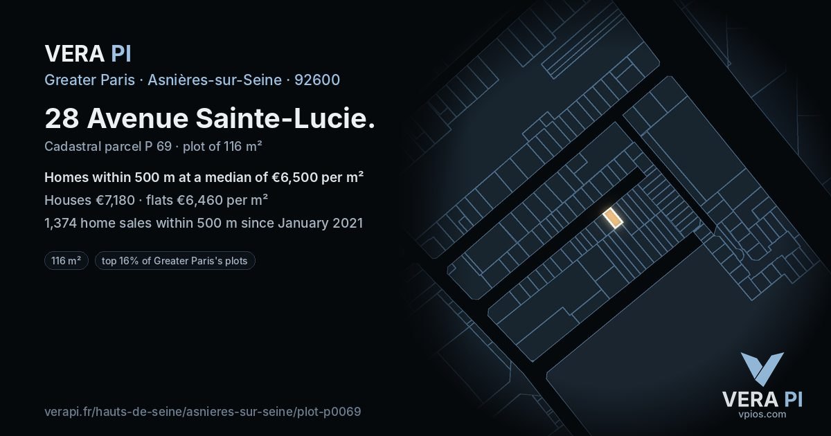 28 Avenue Sainte-Lucie, Asnières-sur-Seine at night – the plot lit, the parcels around coloured by the prices near them
