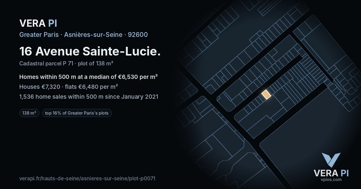 16 Avenue Sainte-Lucie, Asnières-sur-Seine at night – the plot lit, the parcels around coloured by the prices near them