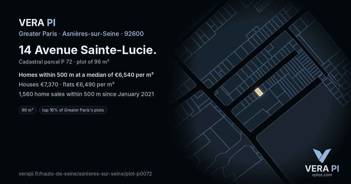 14 Avenue Sainte-Lucie, Asnières-sur-Seine at night – the plot lit, the parcels around coloured by the prices near them