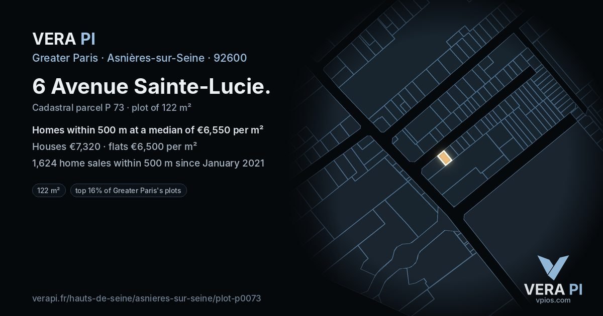 6 Avenue Sainte-Lucie, Asnières-sur-Seine at night – the plot lit, the parcels around coloured by the prices near them