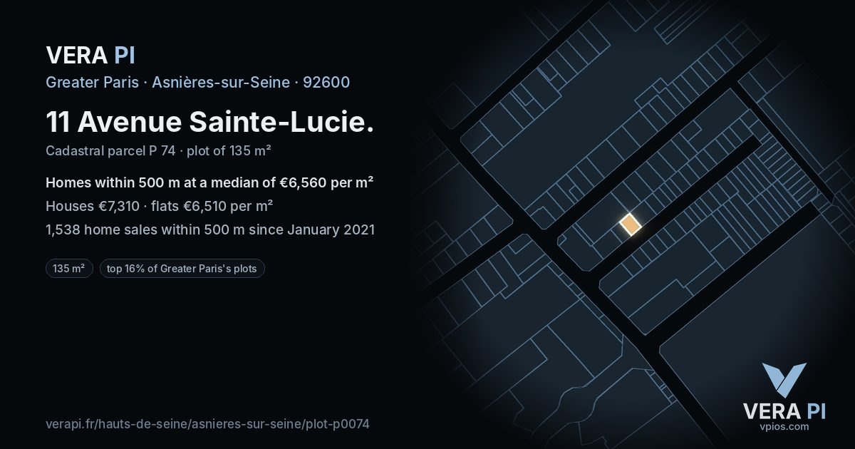 11 Avenue Sainte-Lucie, Asnières-sur-Seine at night – the plot lit, the parcels around coloured by the prices near them