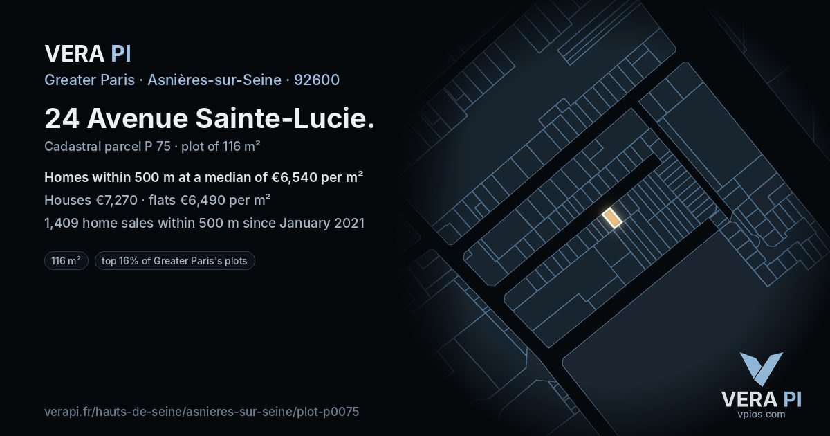 24 Avenue Sainte-Lucie, Asnières-sur-Seine at night – the plot lit, the parcels around coloured by the prices near them