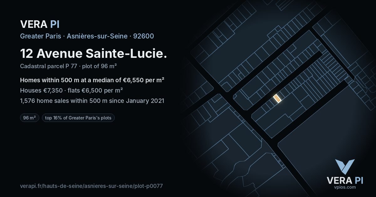 12 Avenue Sainte-Lucie, Asnières-sur-Seine at night – the plot lit, the parcels around coloured by the prices near them
