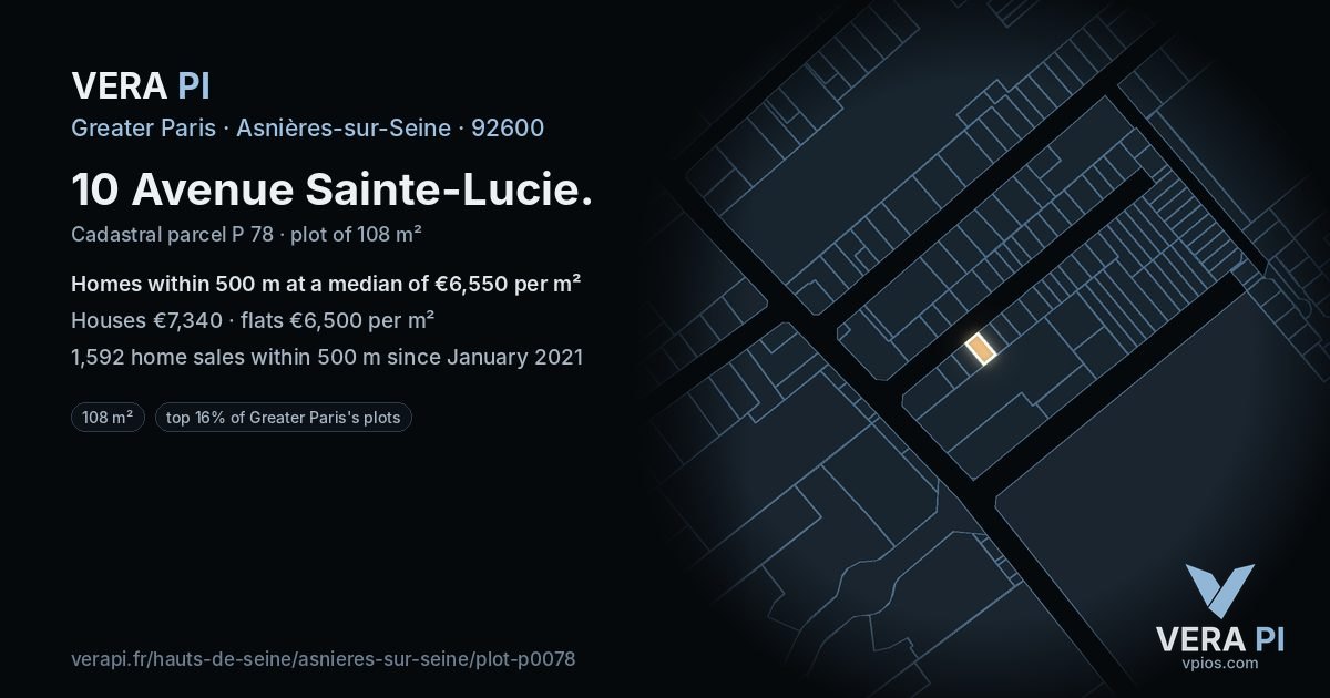 10 Avenue Sainte-Lucie, Asnières-sur-Seine at night – the plot lit, the parcels around coloured by the prices near them