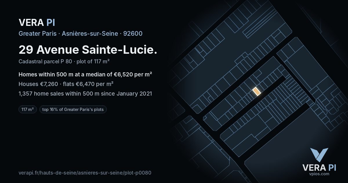29 Avenue Sainte-Lucie, Asnières-sur-Seine at night – the plot lit, the parcels around coloured by the prices near them