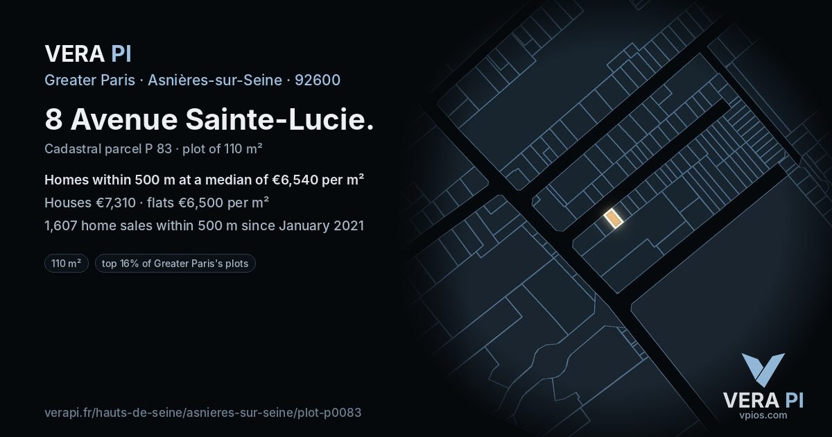 8 Avenue Sainte-Lucie, Asnières-sur-Seine at night – the plot lit, the parcels around coloured by the prices near them