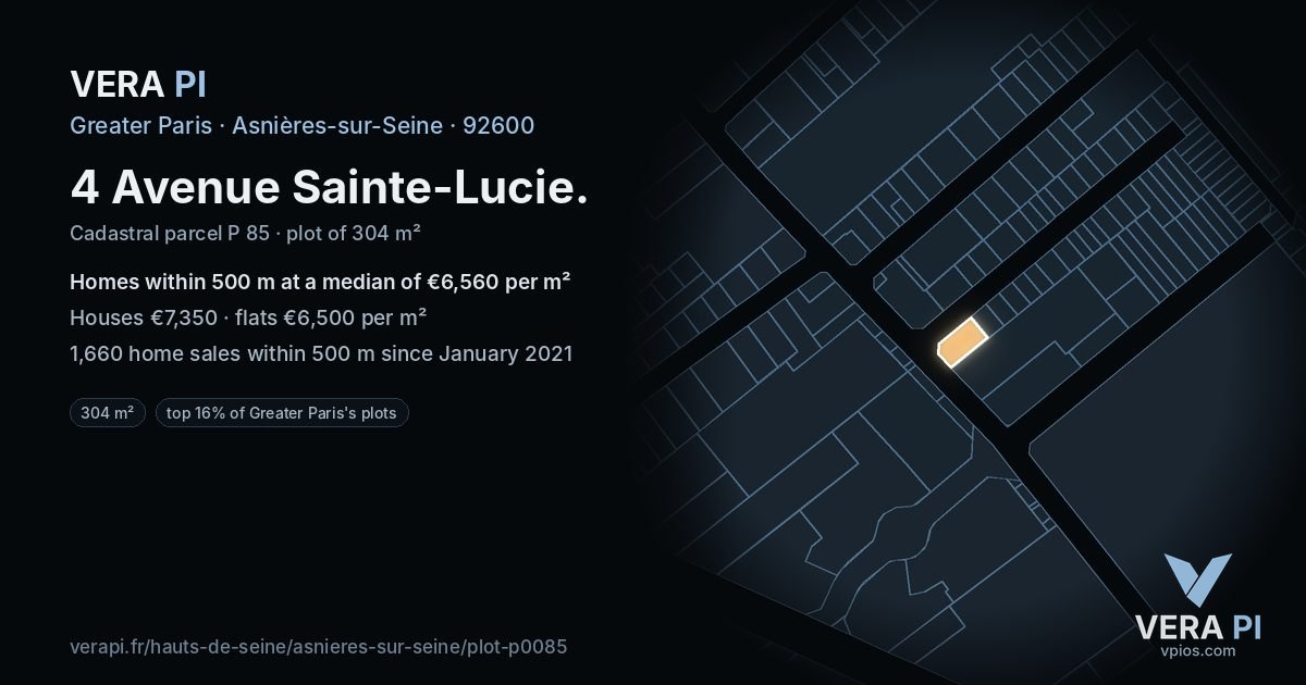 4 Avenue Sainte-Lucie, Asnières-sur-Seine at night – the plot lit, the parcels around coloured by the prices near them