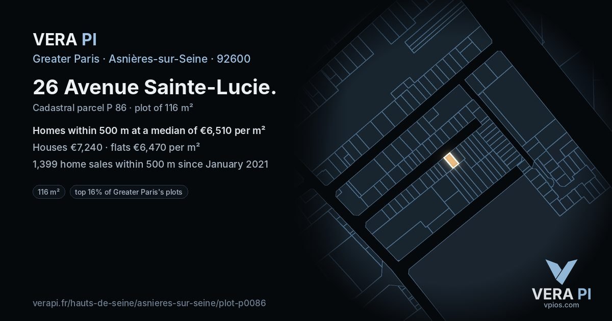 26 Avenue Sainte-Lucie, Asnières-sur-Seine at night – the plot lit, the parcels around coloured by the prices near them