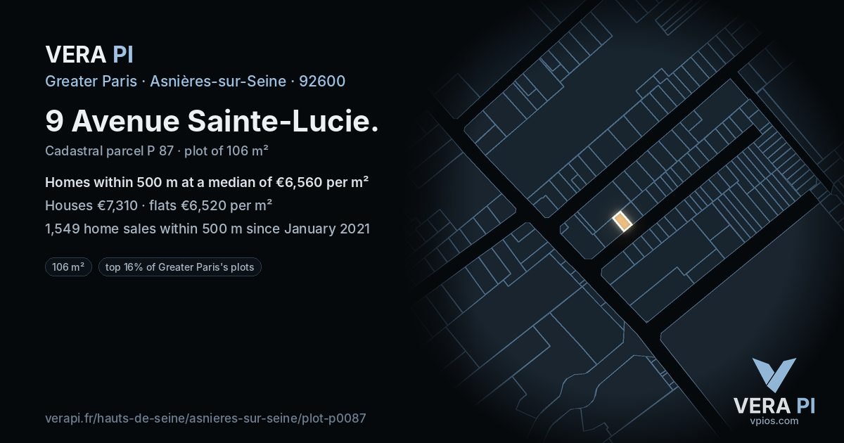 9 Avenue Sainte-Lucie, Asnières-sur-Seine at night – the plot lit, the parcels around coloured by the prices near them