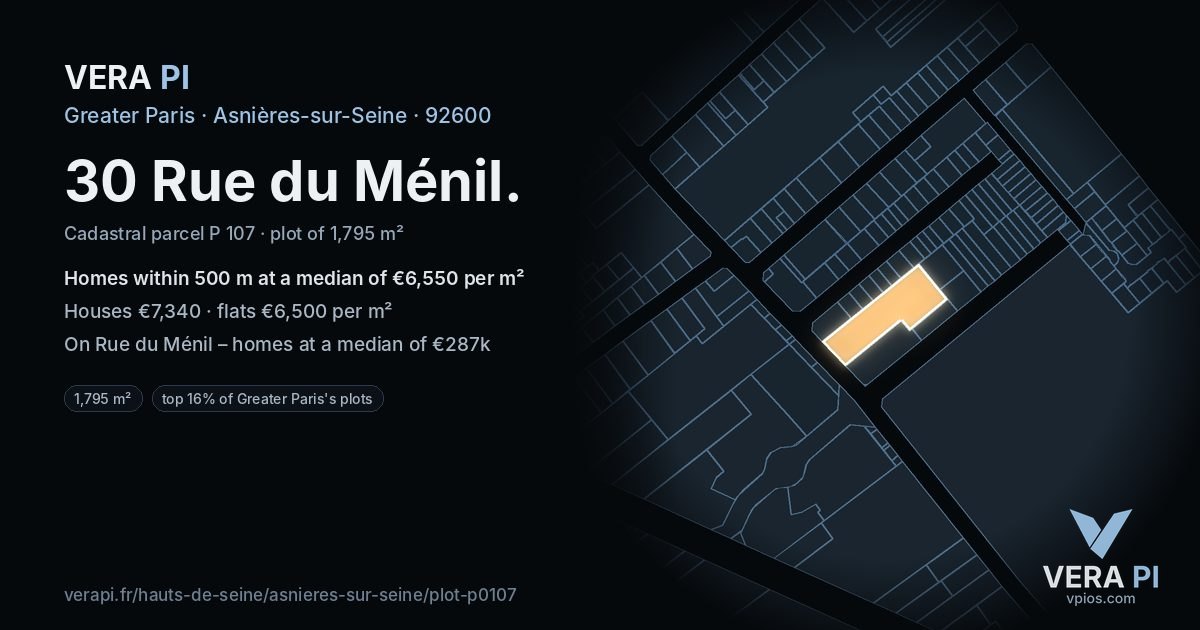 30 Rue du Ménil, Asnières-sur-Seine at night – the plot lit, the parcels around coloured by the prices near them