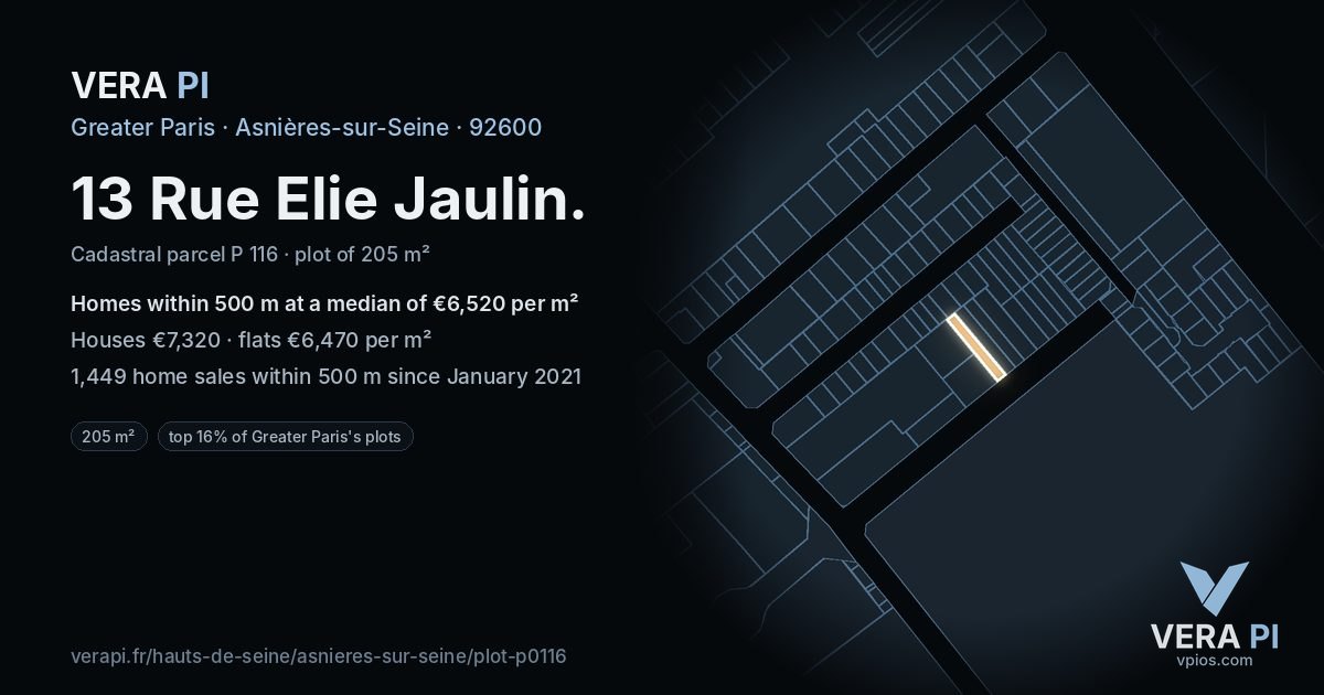 13 Rue Elie Jaulin, Asnières-sur-Seine at night – the plot lit, the parcels around coloured by the prices near them