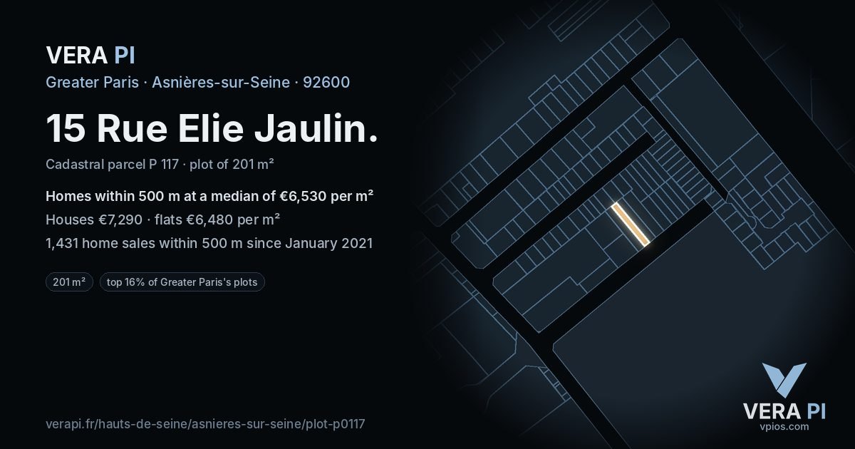 15 Rue Elie Jaulin, Asnières-sur-Seine at night – the plot lit, the parcels around coloured by the prices near them