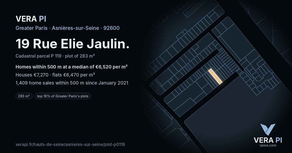 19 Rue Elie Jaulin, Asnières-sur-Seine at night – the plot lit, the parcels around coloured by the prices near them