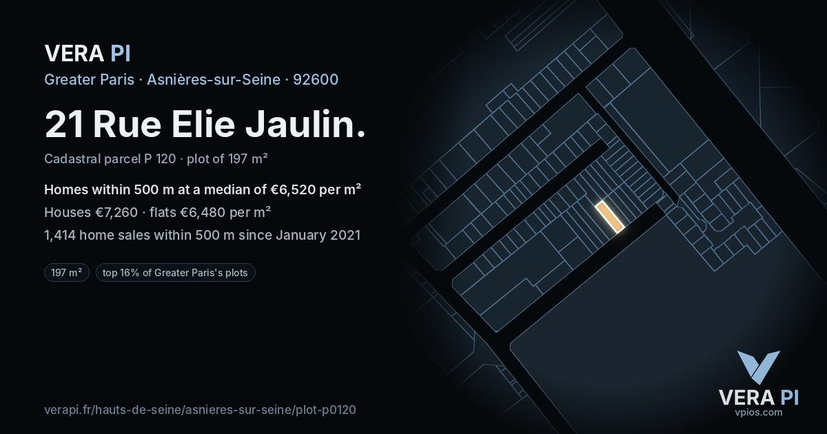 21 Rue Elie Jaulin, Asnières-sur-Seine at night – the plot lit, the parcels around coloured by the prices near them