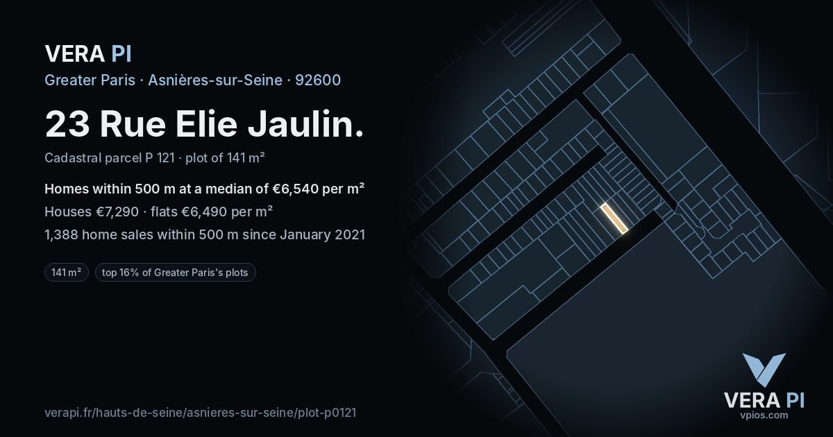23 Rue Elie Jaulin, Asnières-sur-Seine at night – the plot lit, the parcels around coloured by the prices near them