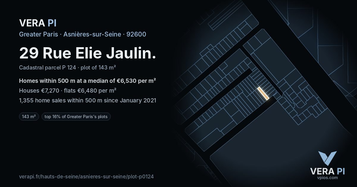 29 Rue Elie Jaulin, Asnières-sur-Seine at night – the plot lit, the parcels around coloured by the prices near them