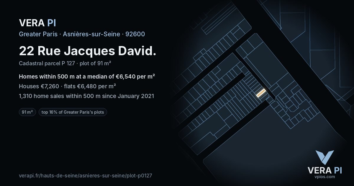 22 Rue Jacques David, Asnières-sur-Seine at night – the plot lit, the parcels around coloured by the prices near them