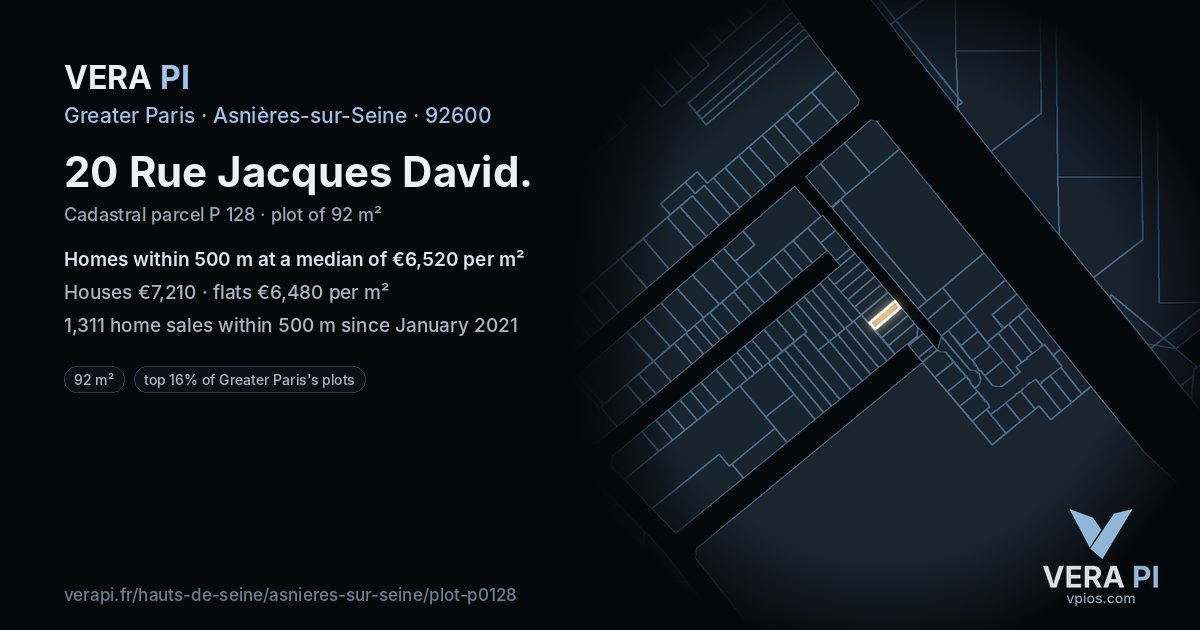 20 Rue Jacques David, Asnières-sur-Seine at night – the plot lit, the parcels around coloured by the prices near them
