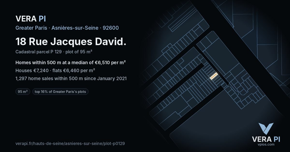 18 Rue Jacques David, Asnières-sur-Seine at night – the plot lit, the parcels around coloured by the prices near them