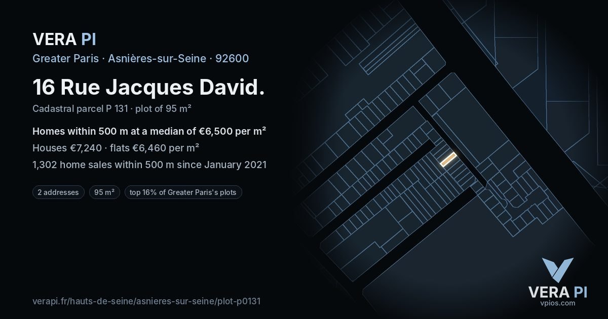 16 Rue Jacques David, Asnières-sur-Seine at night – the plot lit, the parcels around coloured by the prices near them