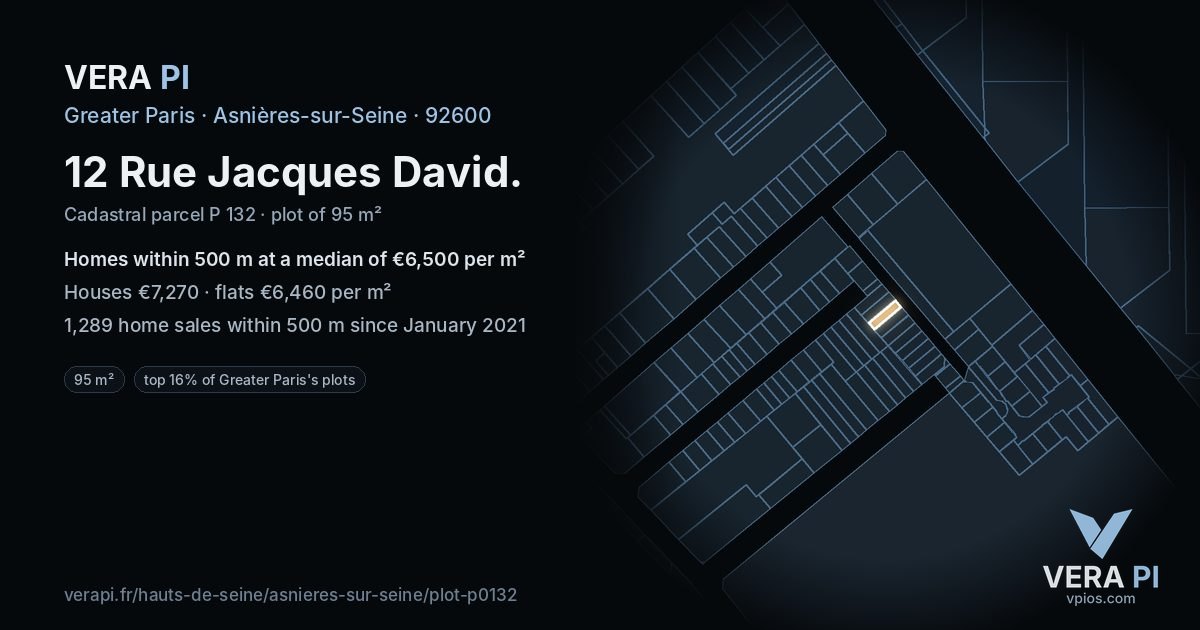 12 Rue Jacques David, Asnières-sur-Seine at night – the plot lit, the parcels around coloured by the prices near them