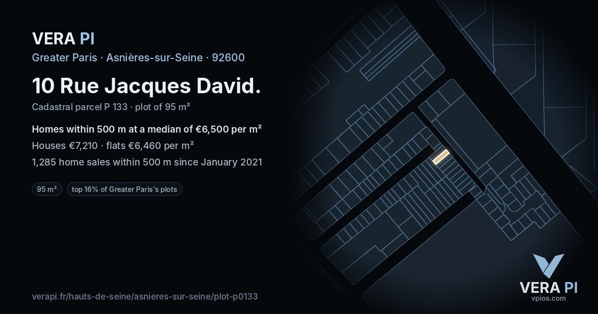 10 Rue Jacques David, Asnières-sur-Seine at night – the plot lit, the parcels around coloured by the prices near them