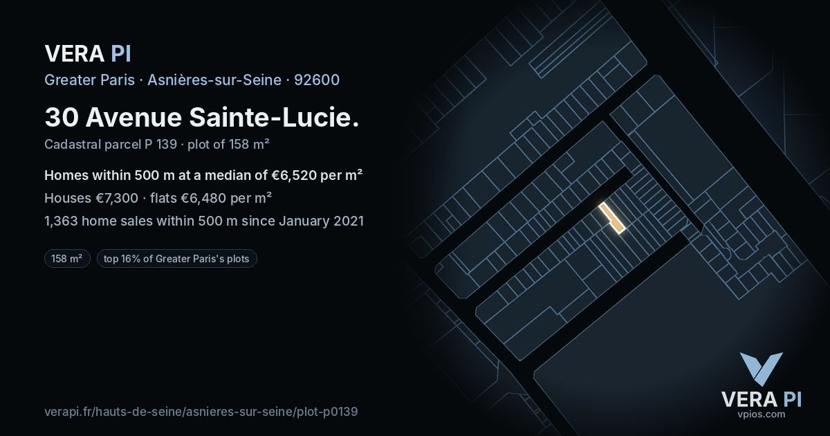 30 Avenue Sainte-Lucie, Asnières-sur-Seine at night – the plot lit, the parcels around coloured by the prices near them