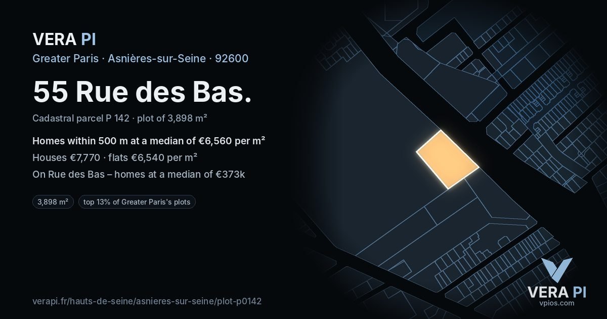 55 Rue des Bas, Asnières-sur-Seine at night – the plot lit, the parcels around coloured by the prices near them
