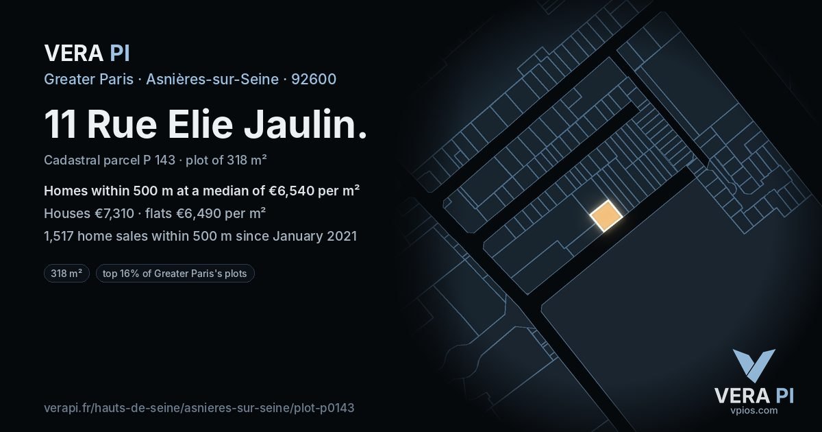 11 Rue Elie Jaulin, Asnières-sur-Seine at night – the plot lit, the parcels around coloured by the prices near them
