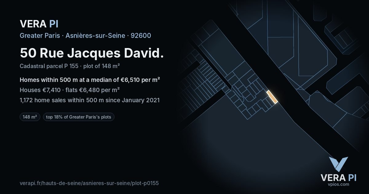 50 Rue Jacques David, Asnières-sur-Seine at night – the plot lit, the parcels around coloured by the prices near them