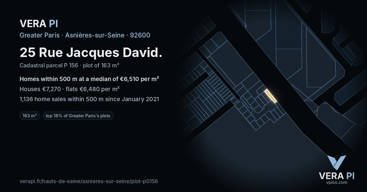 25 Rue Jacques David, Asnières-sur-Seine at night – the plot lit, the parcels around coloured by the prices near them