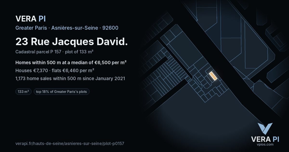 23 Rue Jacques David, Asnières-sur-Seine at night – the plot lit, the parcels around coloured by the prices near them