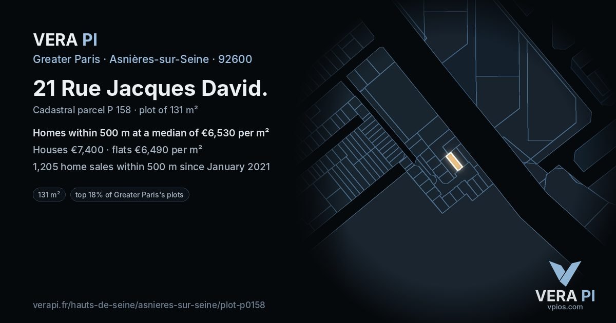 21 Rue Jacques David, Asnières-sur-Seine at night – the plot lit, the parcels around coloured by the prices near them