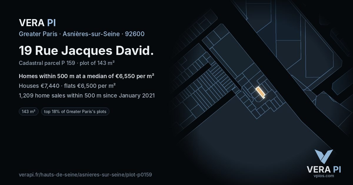 19 Rue Jacques David, Asnières-sur-Seine at night – the plot lit, the parcels around coloured by the prices near them