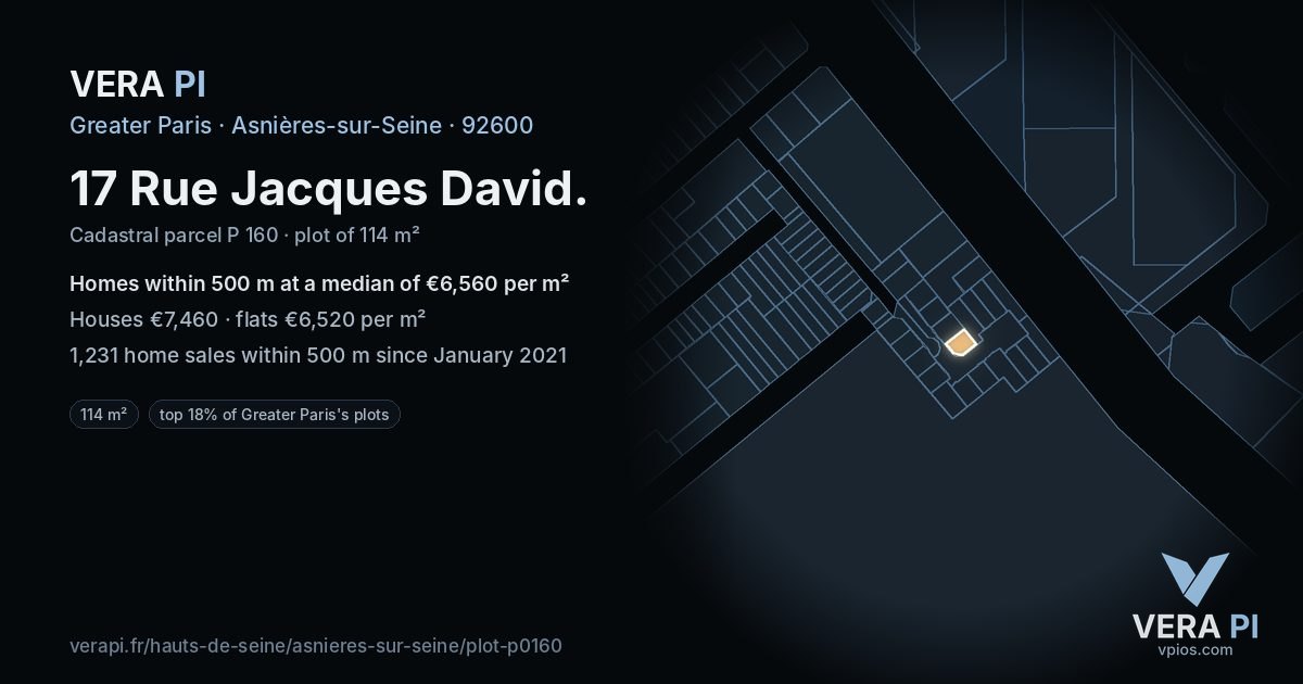 17 Rue Jacques David, Asnières-sur-Seine at night – the plot lit, the parcels around coloured by the prices near them