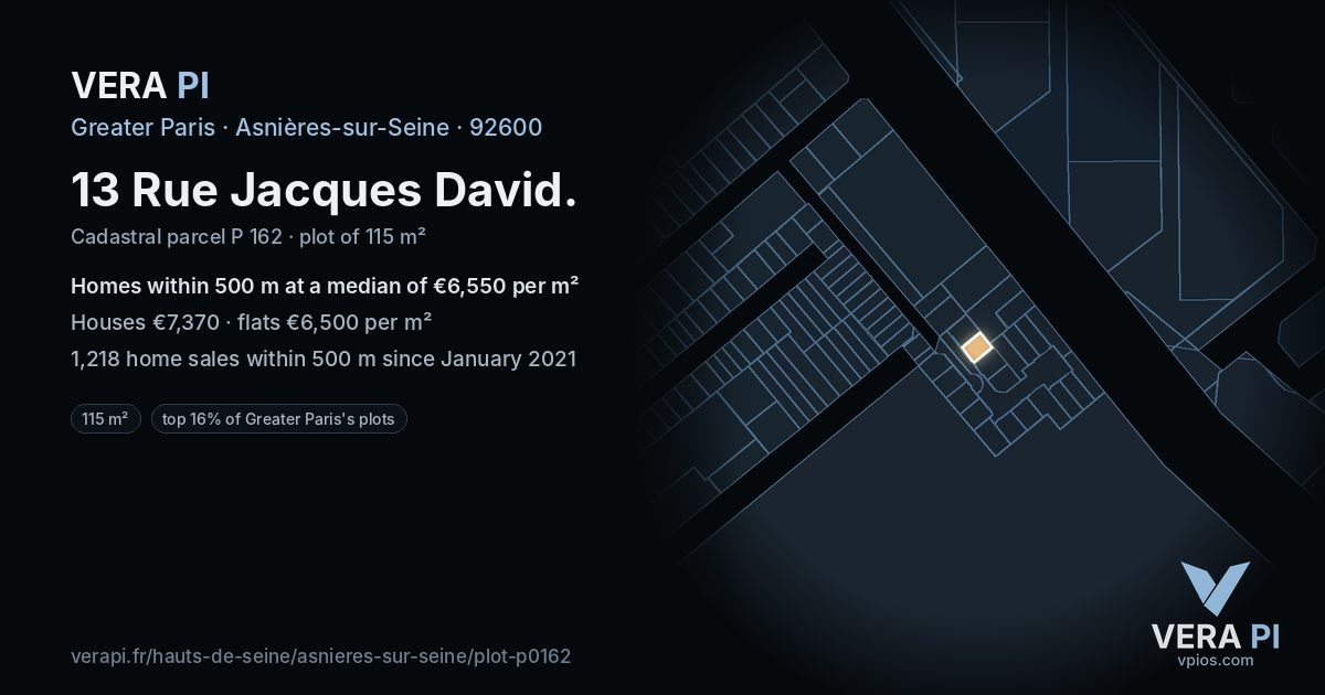 13 Rue Jacques David, Asnières-sur-Seine at night – the plot lit, the parcels around coloured by the prices near them