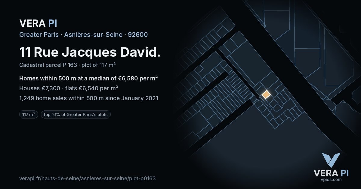 11 Rue Jacques David, Asnières-sur-Seine at night – the plot lit, the parcels around coloured by the prices near them