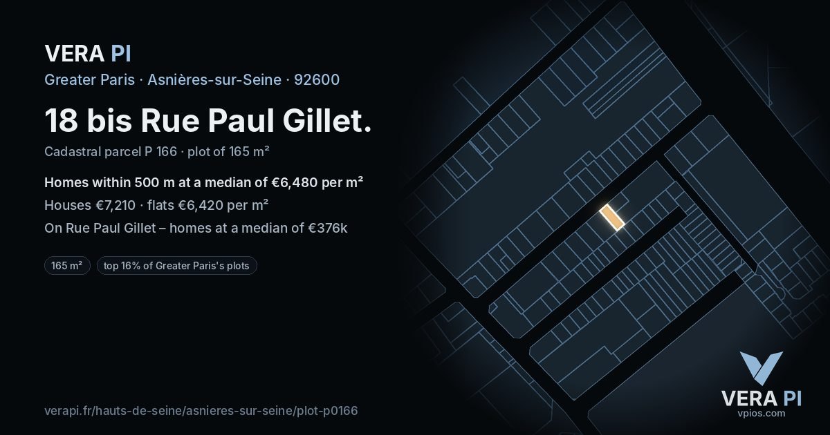 18 bis Rue Paul Gillet, Asnières-sur-Seine at night – the plot lit, the parcels around coloured by the prices near them